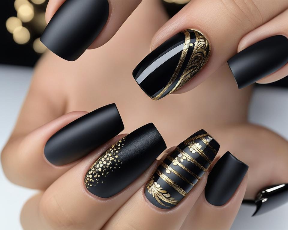nail art elegan hitam dengan hiasan emas